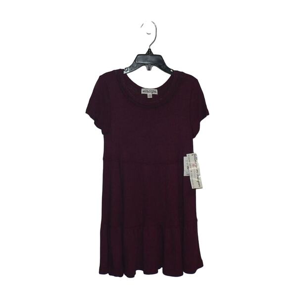 Ten Sixty Sherman Girls Short Sleeve Lace Detail Tiered Dress in Burgundy Size 5 - Picture 1 of 4